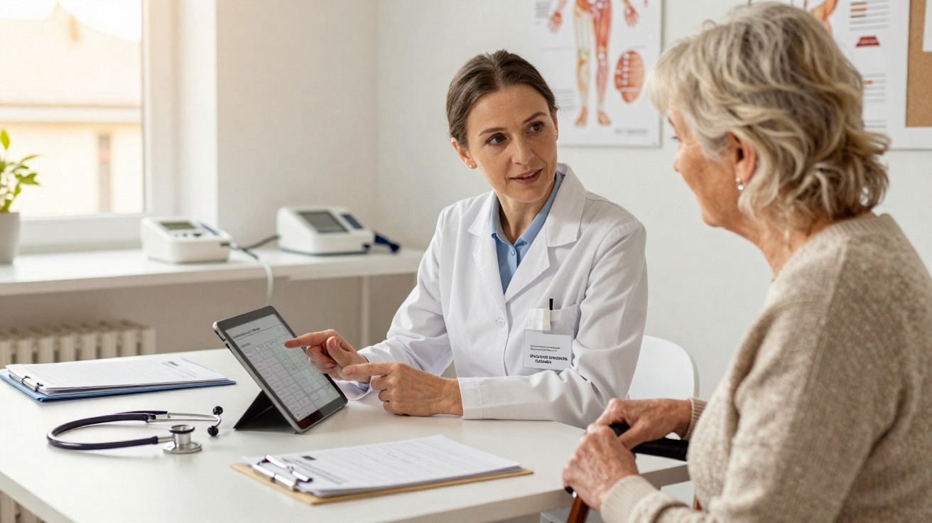 Médica explicando resultados em tablet para paciente idosa em consultório médico.