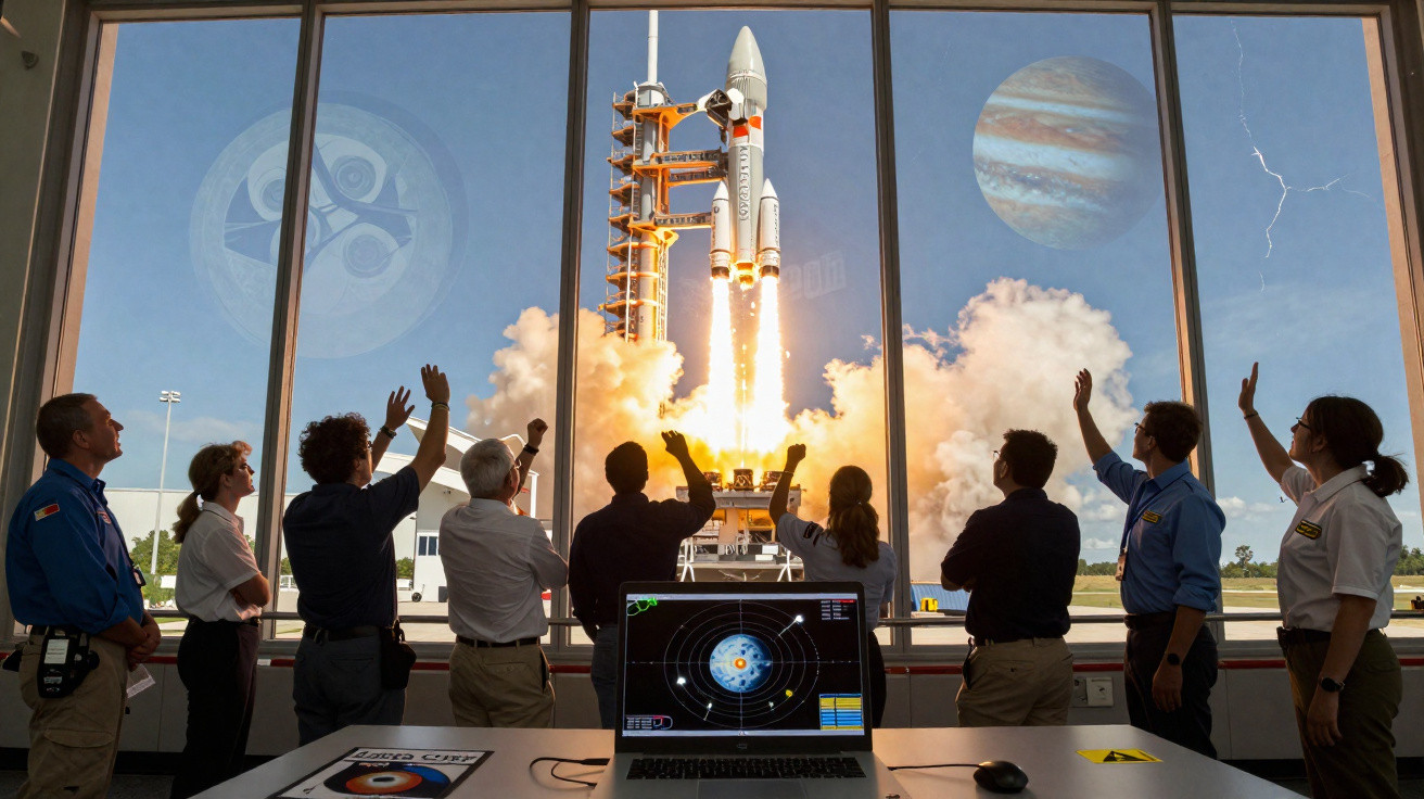Equipe observa o lançamento de foguete espacial pela janela de um centro de controle de missão.