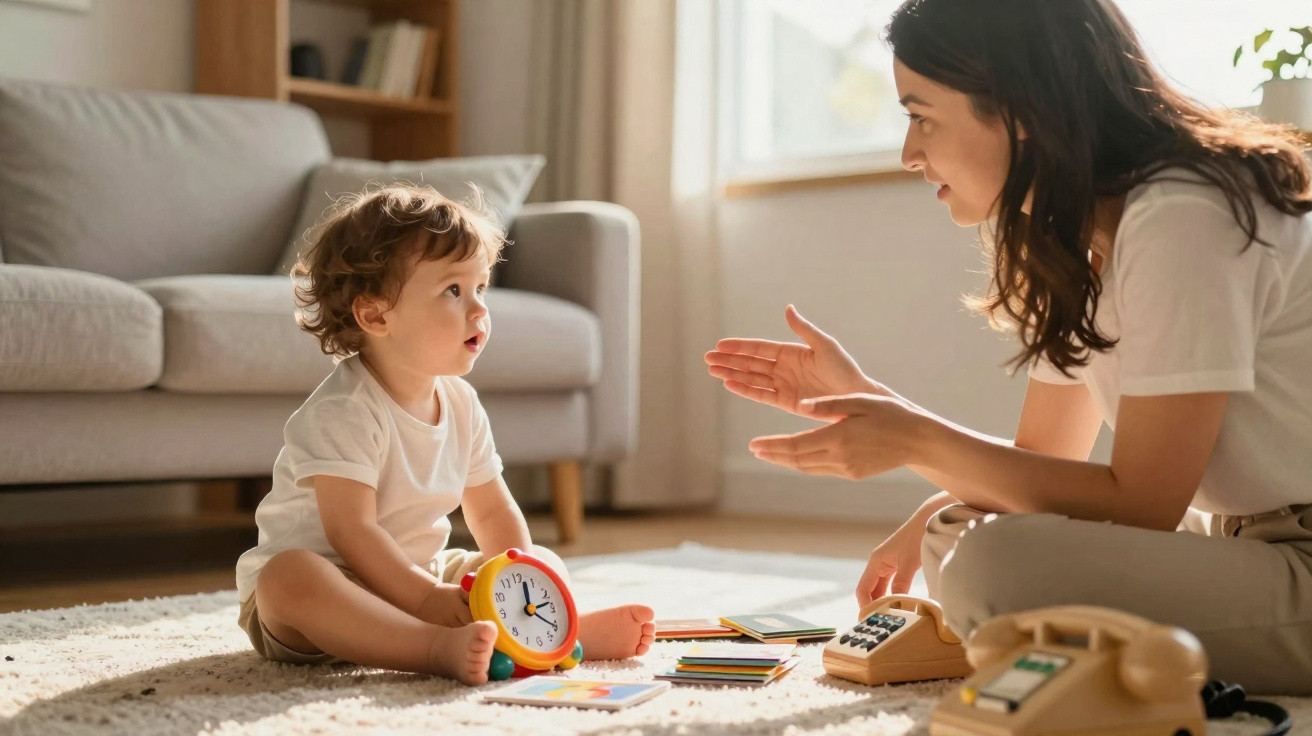 Criança segurando relógio de brinquedo enquanto mulher conversa e gesticula sentada no tapete da sala.