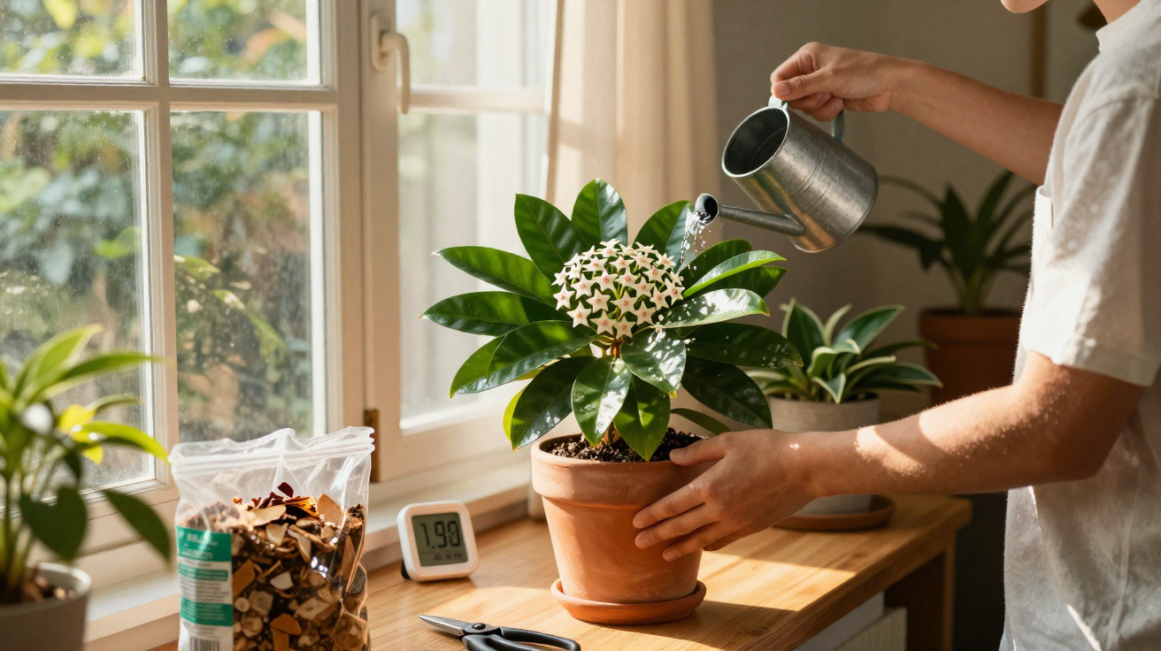 Pessoa regando planta com flores brancas em vaso no parapeito de janela iluminada pelo sol.