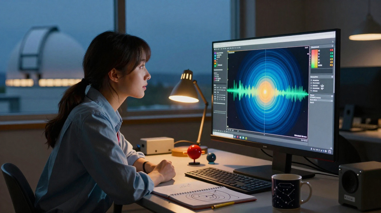 Mulher jovem analisando ondas sonoras em monitor grande durante a noite num escritório moderno.