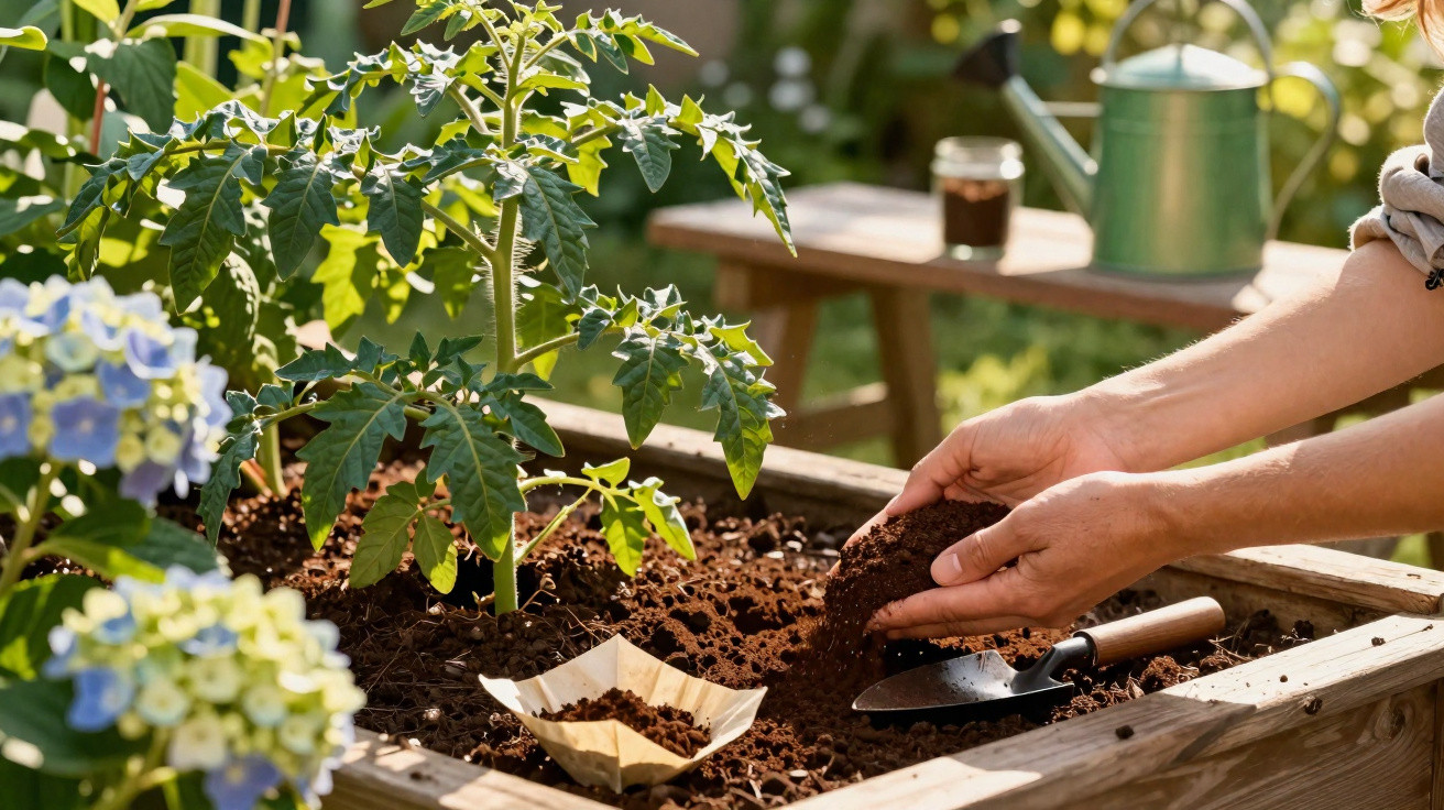 Pessoa preparando terra em canteiro para plantar muda, com regador e flores ao redor em jardim iluminado pelo sol.