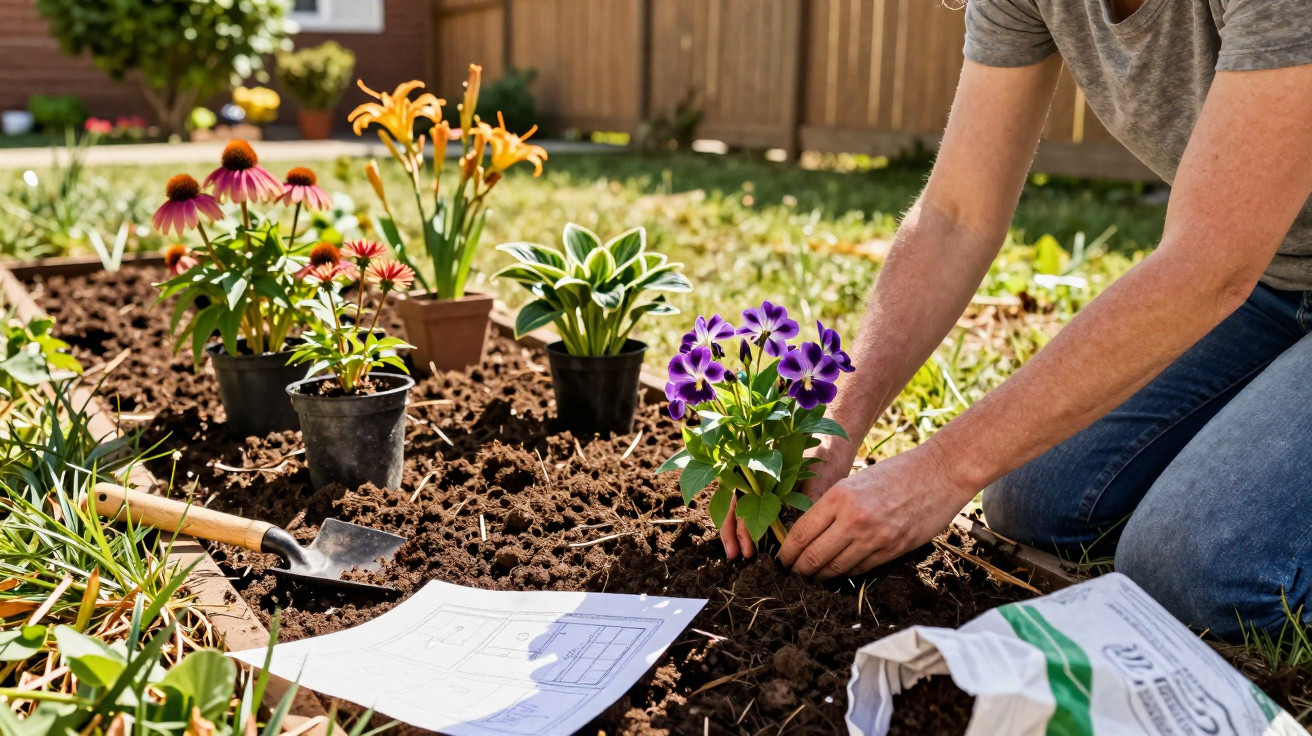Pessoa plantando flor roxa em jardim com várias plantas em vasos e desenhos no chão.