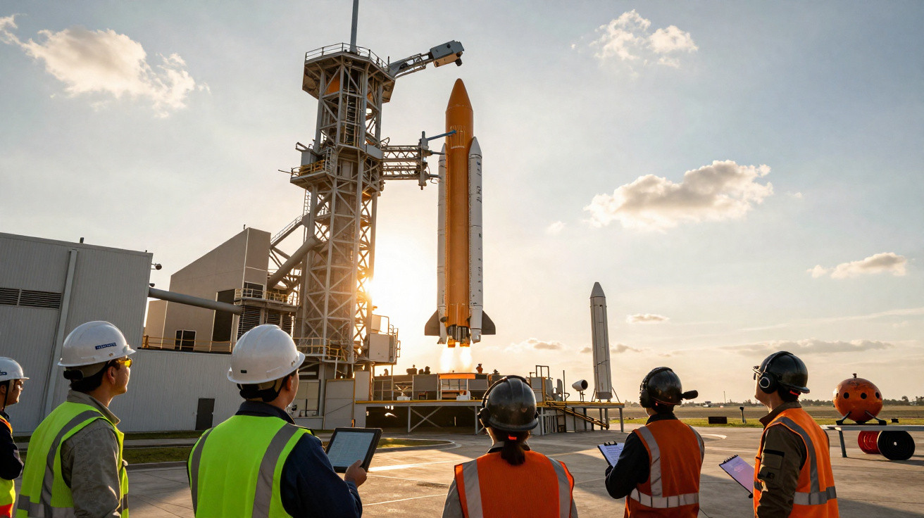 Equipe de engenheiros observando lançamento de foguete em plataforma ao pôr do sol.
