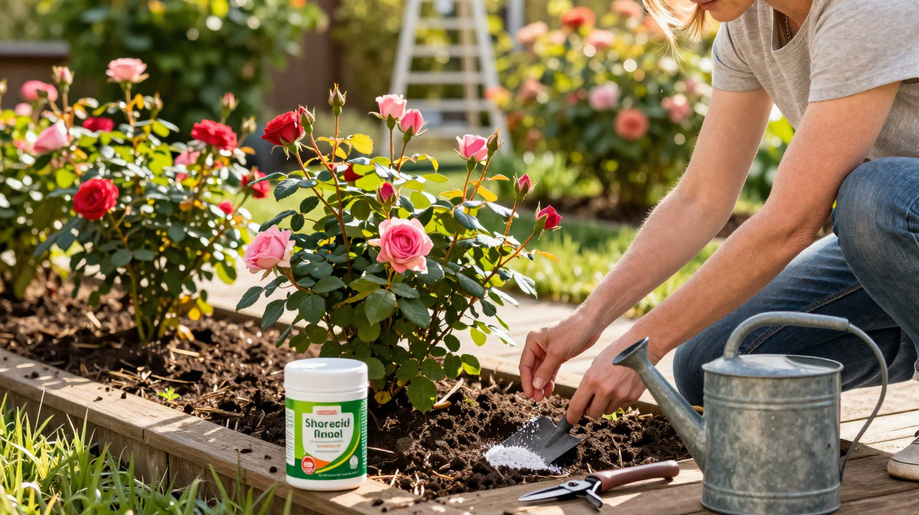 Pessoa cuidando de jardim de rosas, usando fertilizante e regador para cuidar das plantas.