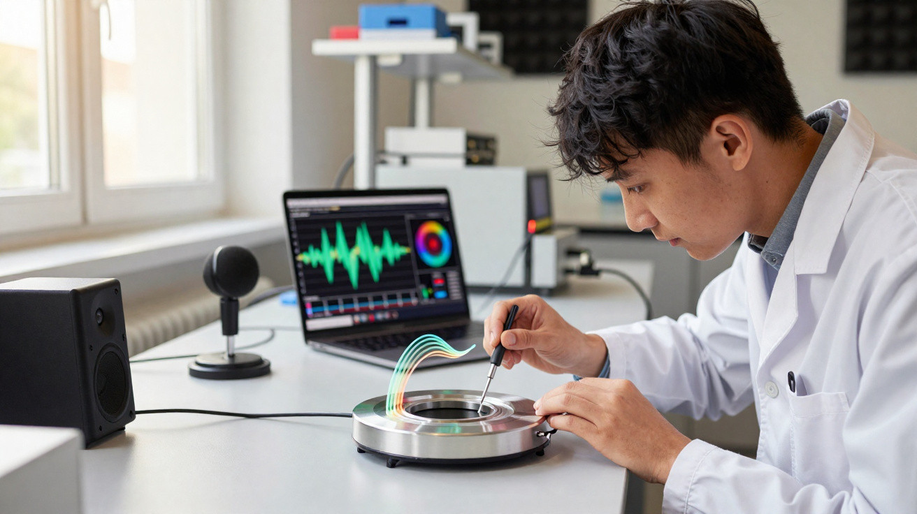 Cientista em jaleco ajusta equipamento eletrônico com gráficos de ondas sonoras em tela de notebook.