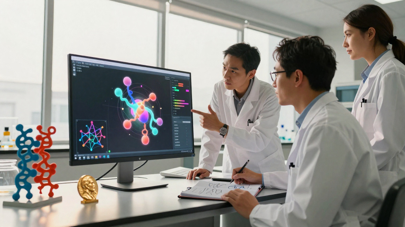 Três cientistas em laboratório analisando modelo molecular colorido em computador.