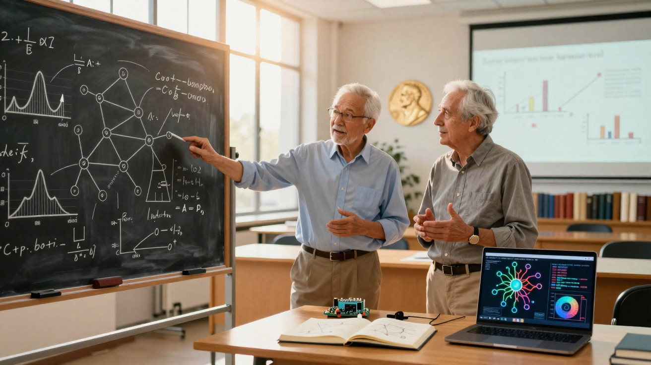 Dois idosos discutem fórmulas e gráficos em um quadro negro, com laptop e caderno em mesa de sala de aula.