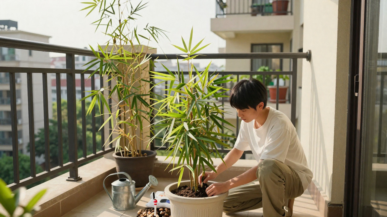 Jovem cuidando de plantas em vaso no terraço de apartamento em dia ensolarado.