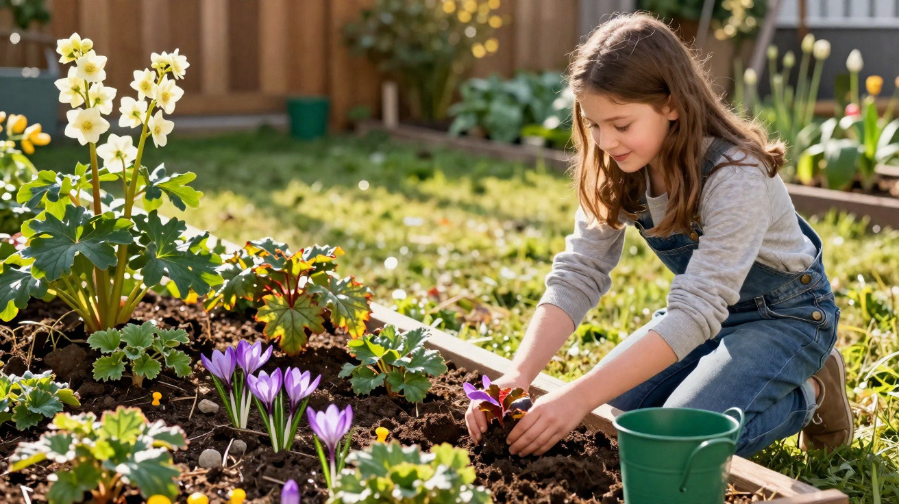 Menina jardineira plantando flores em canteiro com flores brancas e roxas em jardim ensolarado.