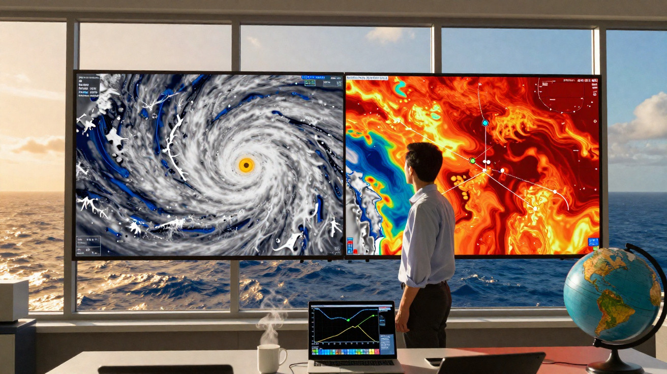 Homem observa em sala telas com imagens de furacão e mapa meteorológico, com vista para o oceano ao fundo.
