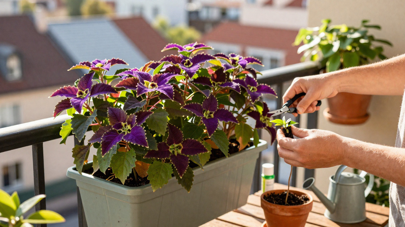 Mãos podando planta com folhas roxas em vaso na varanda com regador e prédios ao fundo.