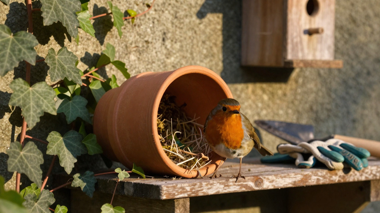 Pássaro com peito laranja próximo a vaso de barro deitado com palha, luvas e casinha de passarinho.