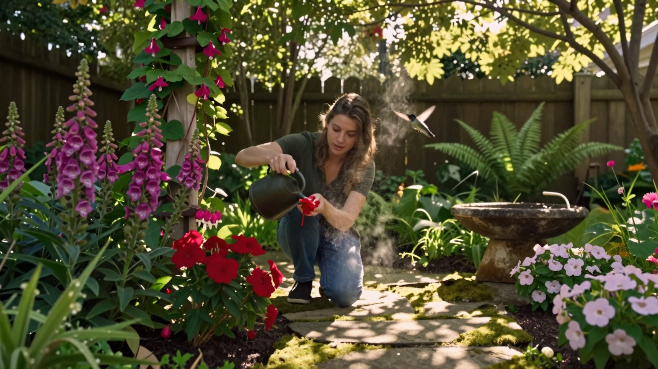 Mulher regando flores vermelhas em jardim com diversas plantas e baixa luz solar.