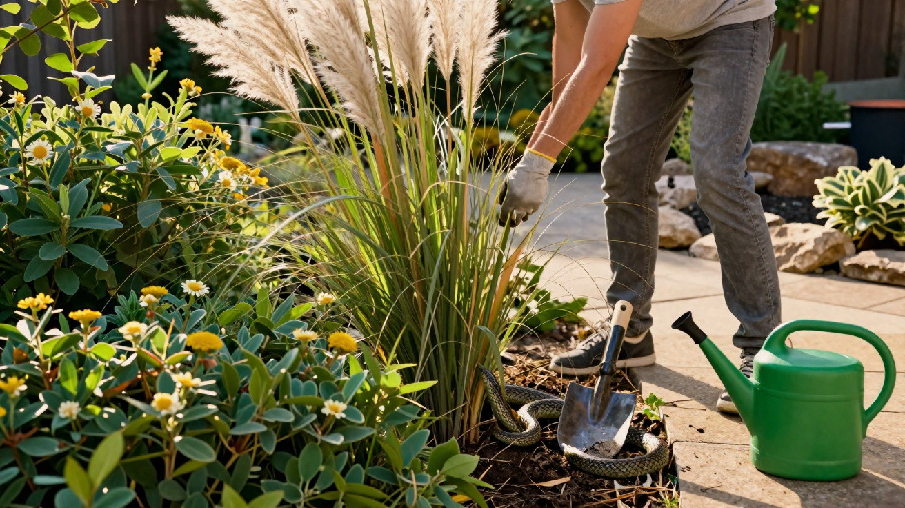 Pessoa cuidando do jardim perto de planta com folhas longas e regador verde ao lado; cobra enrolada na terra.