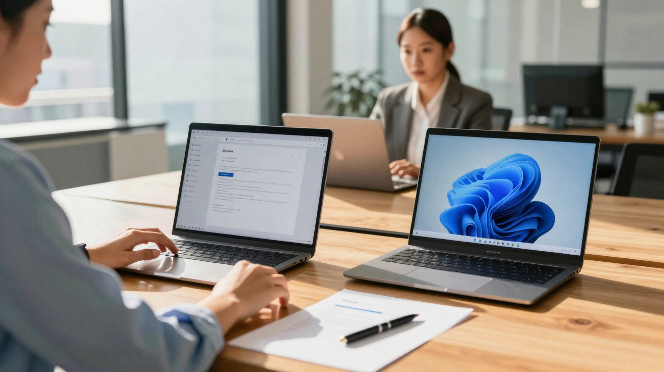 Duas pessoas trabalhando em laptops em uma mesa de madeira em escritório moderno e iluminado.