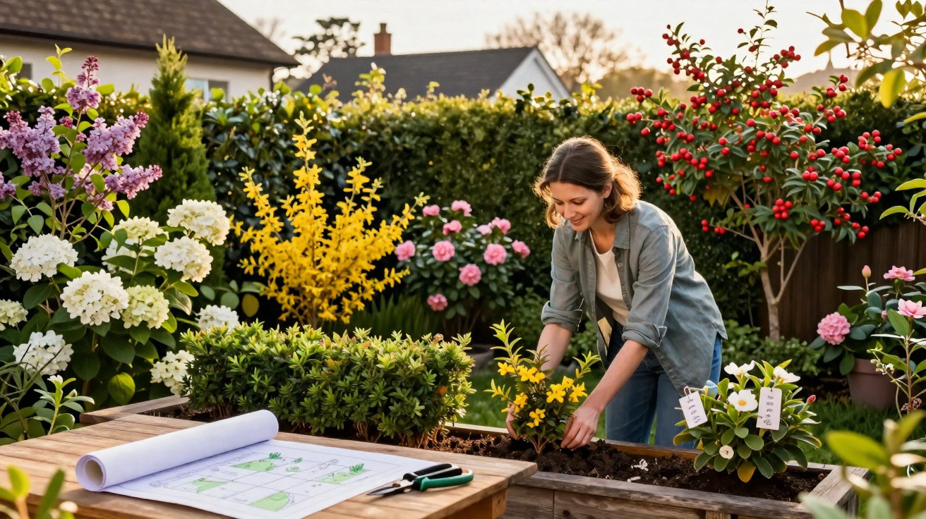 Mulher cuidando de flores em canteiro elevado em jardim com plantas coloridas ao fundo.