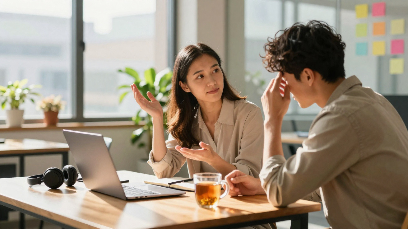 Duas pessoas conversando em ambiente de trabalho com laptop, plantas e copo de chá sobre a mesa.