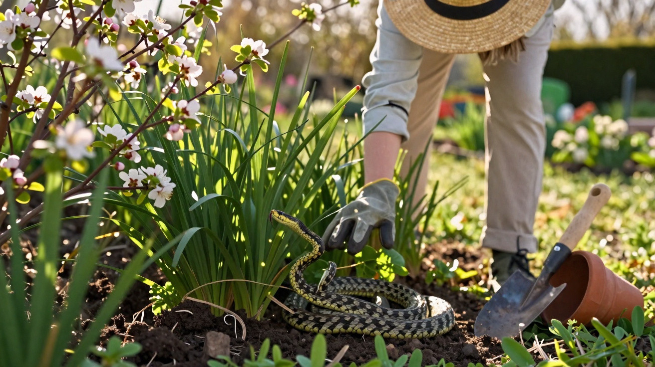 Pessoa com chapéu e luva removendo cobra enrolada no jardim próximo de flores e regador.
