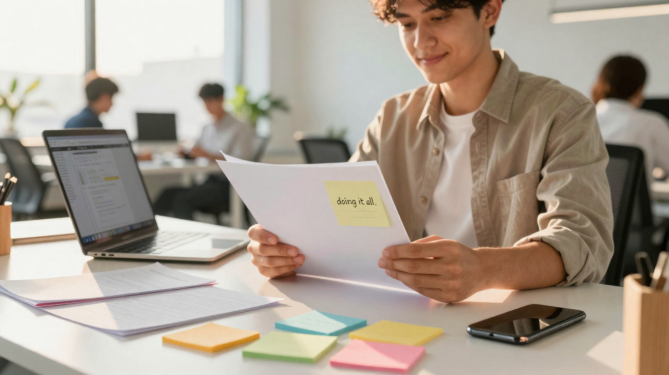 Jovem analisando documentos em mesa com laptop, celular e post-its coloridos em escritório aberto.