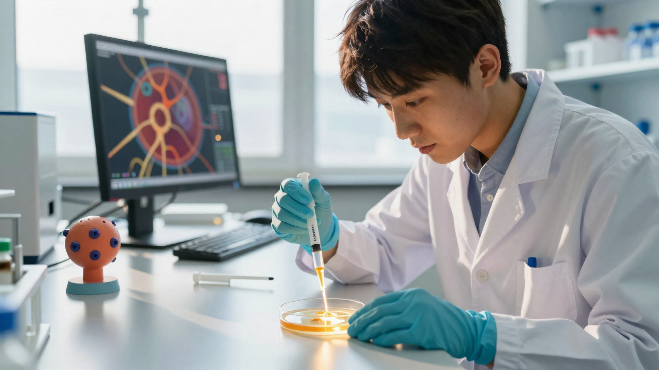 Pesquisador usando jaleco e luvas manipula amostra em placa de petri em laboratório moderno.