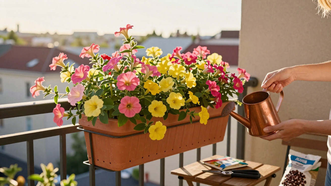 Pessoa regando flores rosa e amarelas em vaso na varanda ao entardecer.
