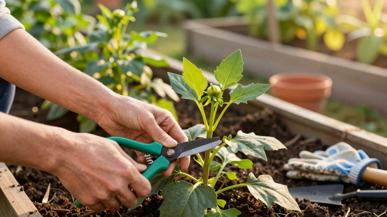 Mãos podando planta em canteiro de jardim com tesoura de poda e luvas ao lado.