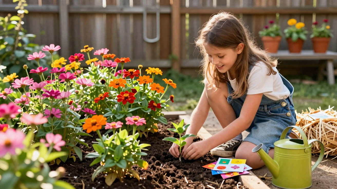 Menina sorridente plantando muda em canteiro florido no jardim ensolarado, ao lado de regador verde.