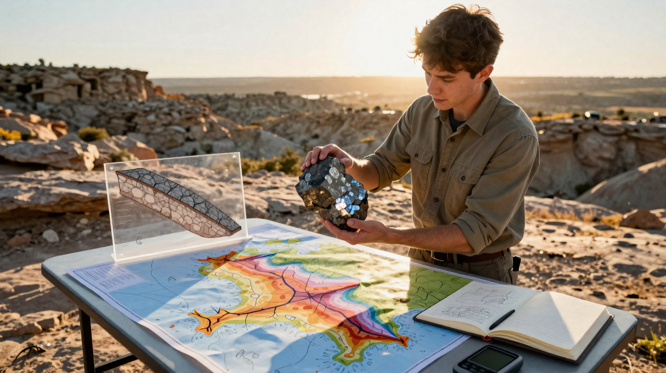 Jovem analisa amostra de rocha sobre mesa com mapa e caderno em paisagem desértica ao pôr do sol.