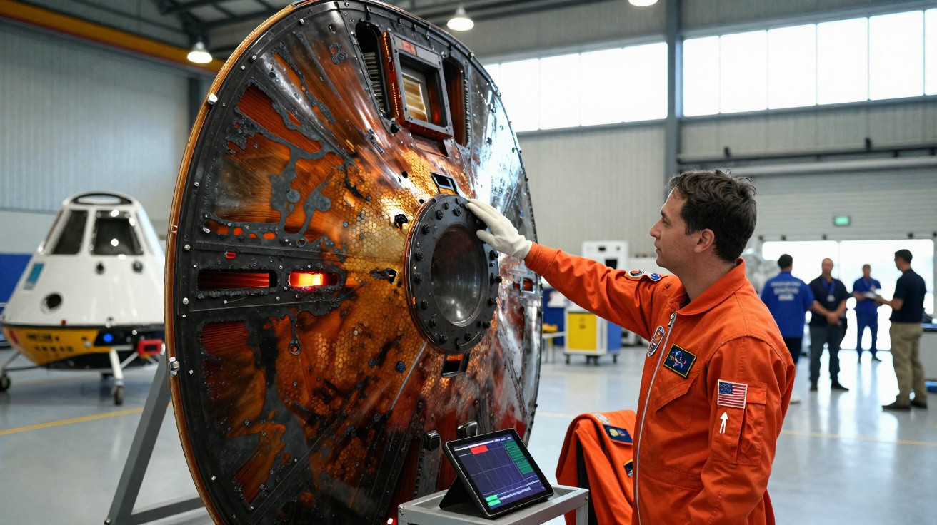 Homem em macacão laranja inspeciona heatshield espacial preto e laranja em hangar com cápsula ao fundo.