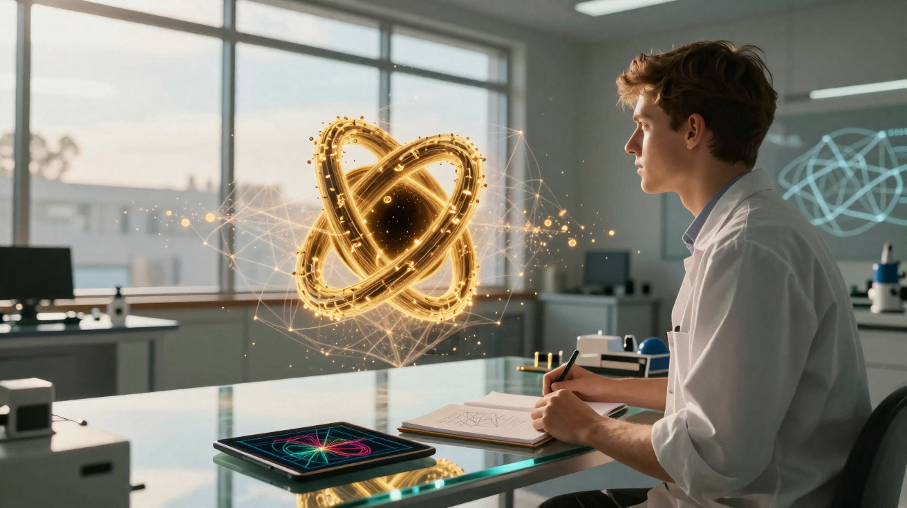 Jovem cientista observa e desenha modelo digital de átomo dourado flutuante em laboratório moderno.