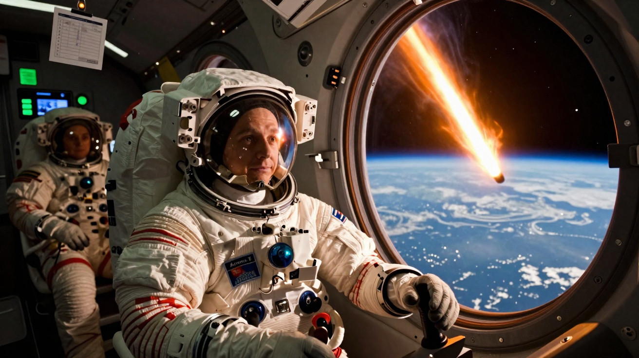 Astronautas dentro de nave espacial observando meteorito em chamas entrando na atmosfera da Terra pela janela circular.