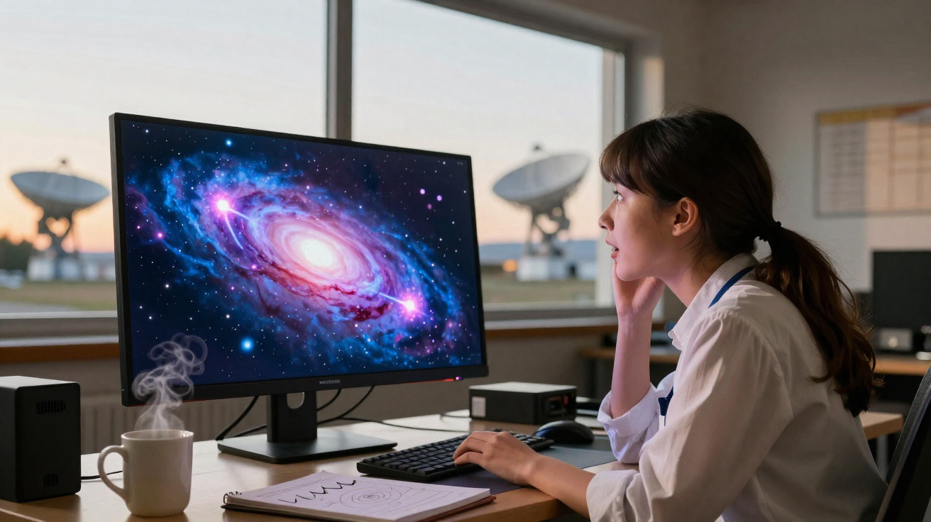 Mulher observando imagem de galáxia na tela do computador em sala com antenas parabólicas ao fundo.