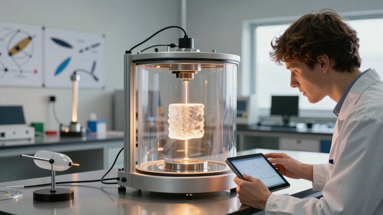 Cientista analisando dados em tablet próximo a equipamento de alta tecnologia com amostra em laboratório.