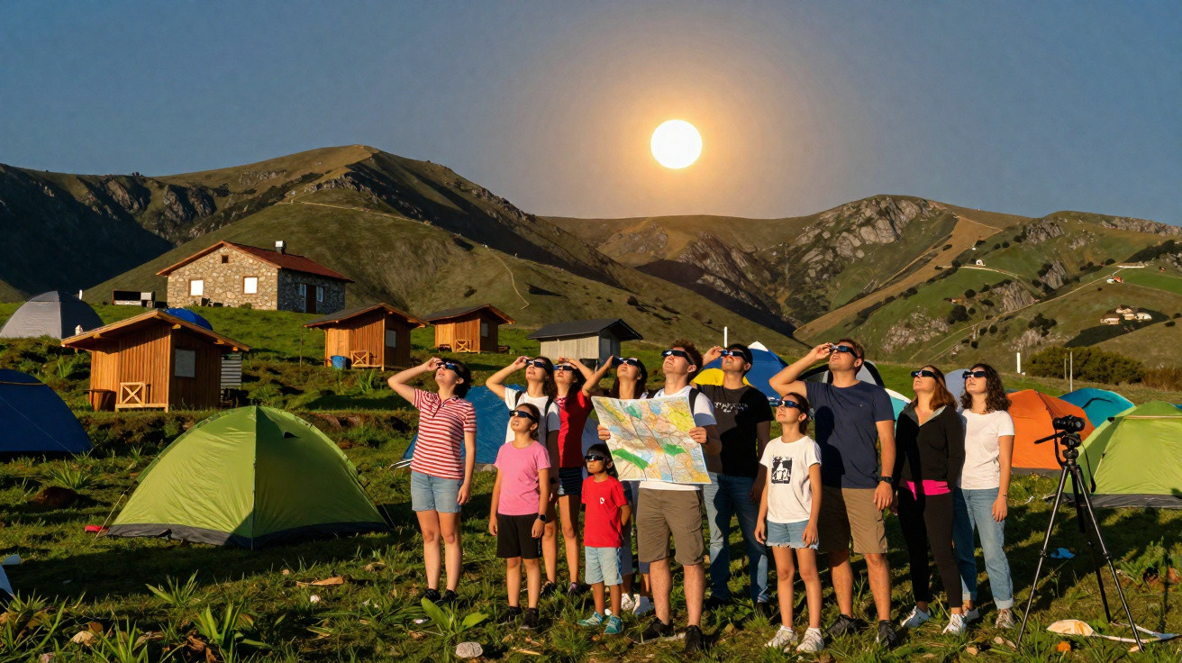Grupo de pessoas em acampamento observando eclipse solar com óculos especiais e mapas, em área montanhosa ao pôr do sol.