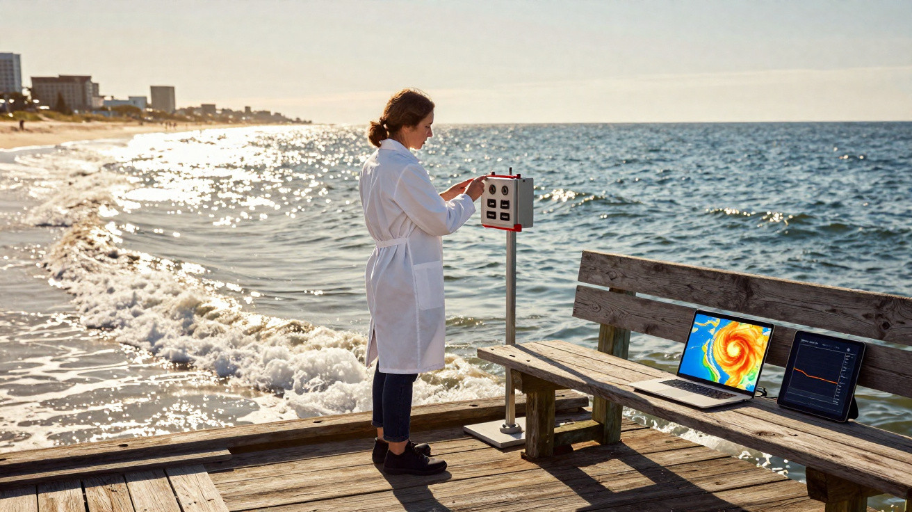 Mulher com jaleco branco operando equipamento de medição na praia com laptops exibindo dados meteorológicos.