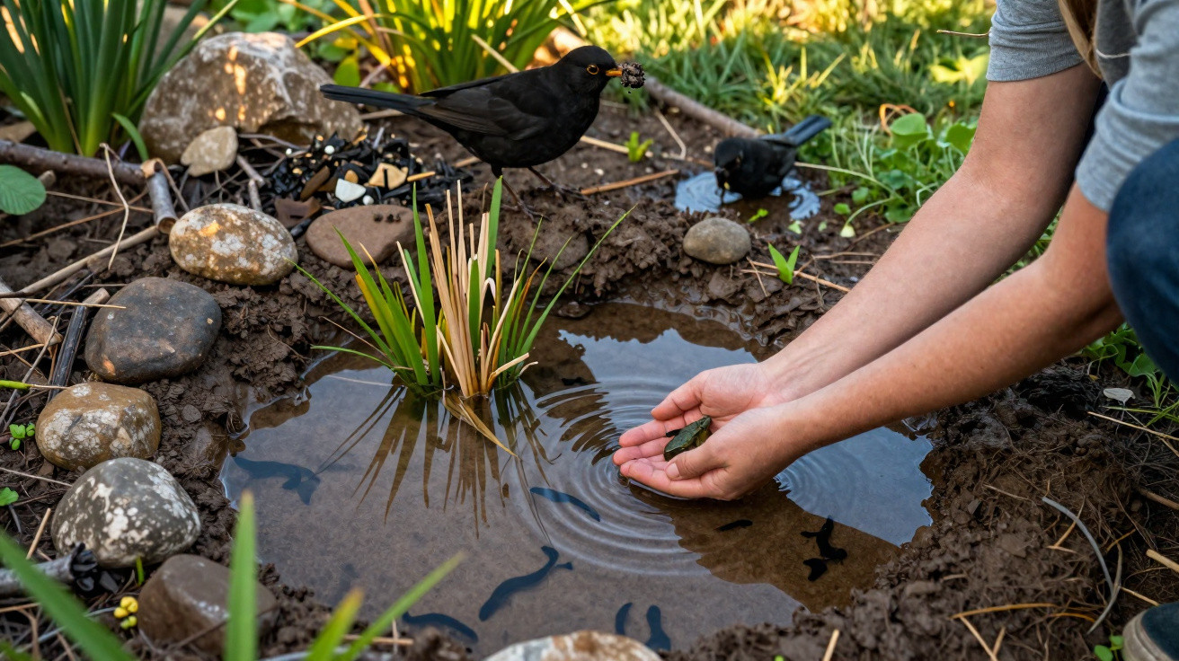 Pessoa segurando girino próximo a lagoa artesanal com pássaro e plantas ao redor.