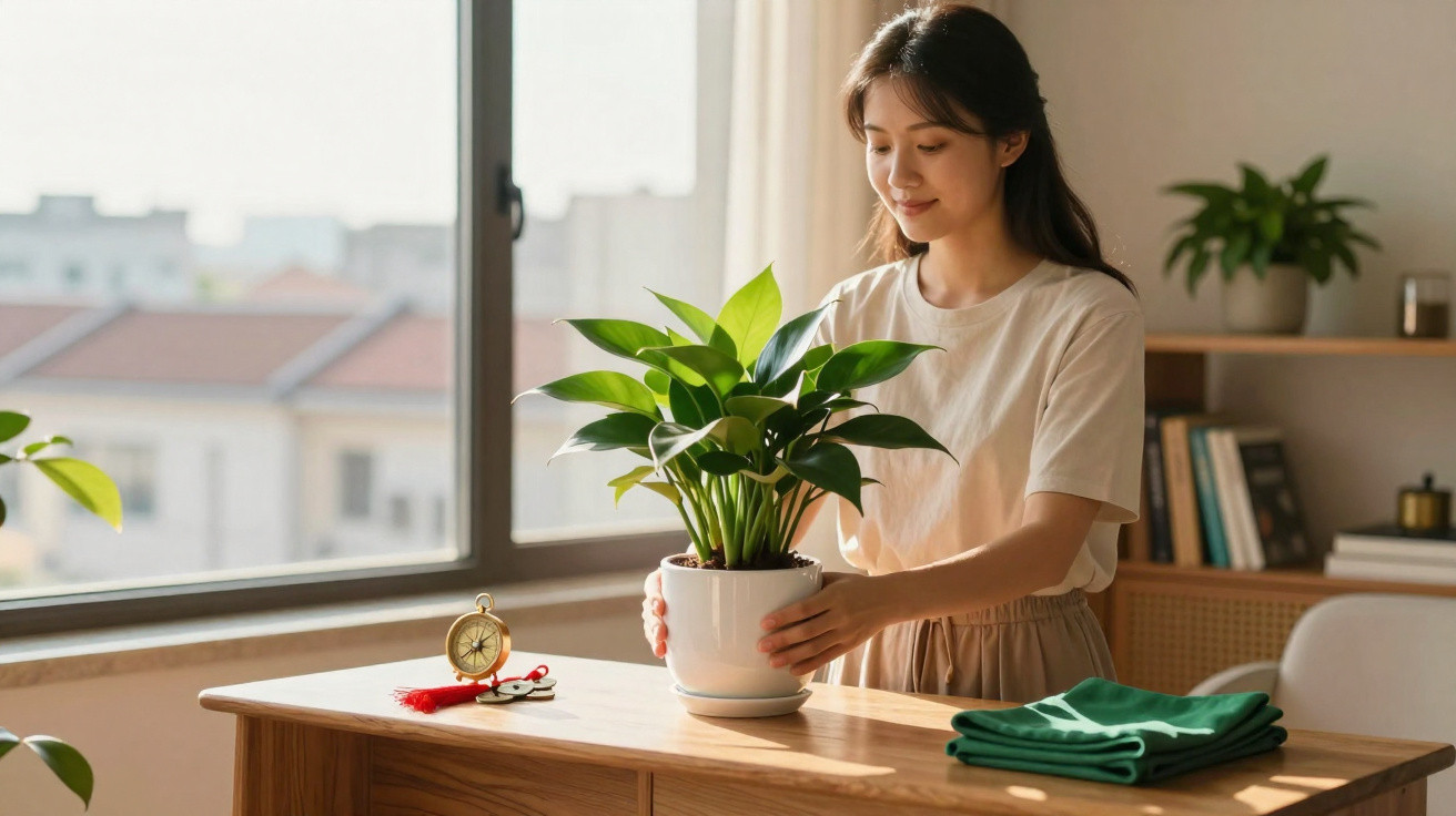 Mulher cuidando de planta em vaso branca sobre mesa de madeira em ambiente iluminado.