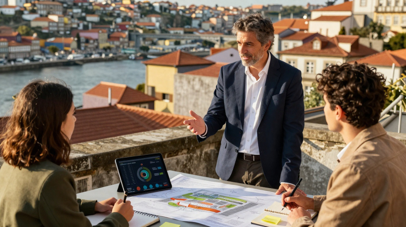 Três pessoas discutem projetos ao ar livre com mapas e tablet, vista para cidade e rio ao fundo.