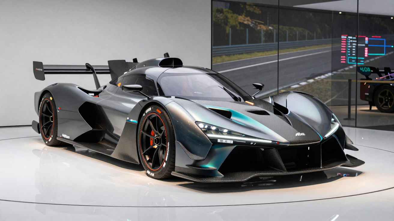 Carro esportivo preto futurista com design aerodinâmico exposto em ambiente interno moderno.