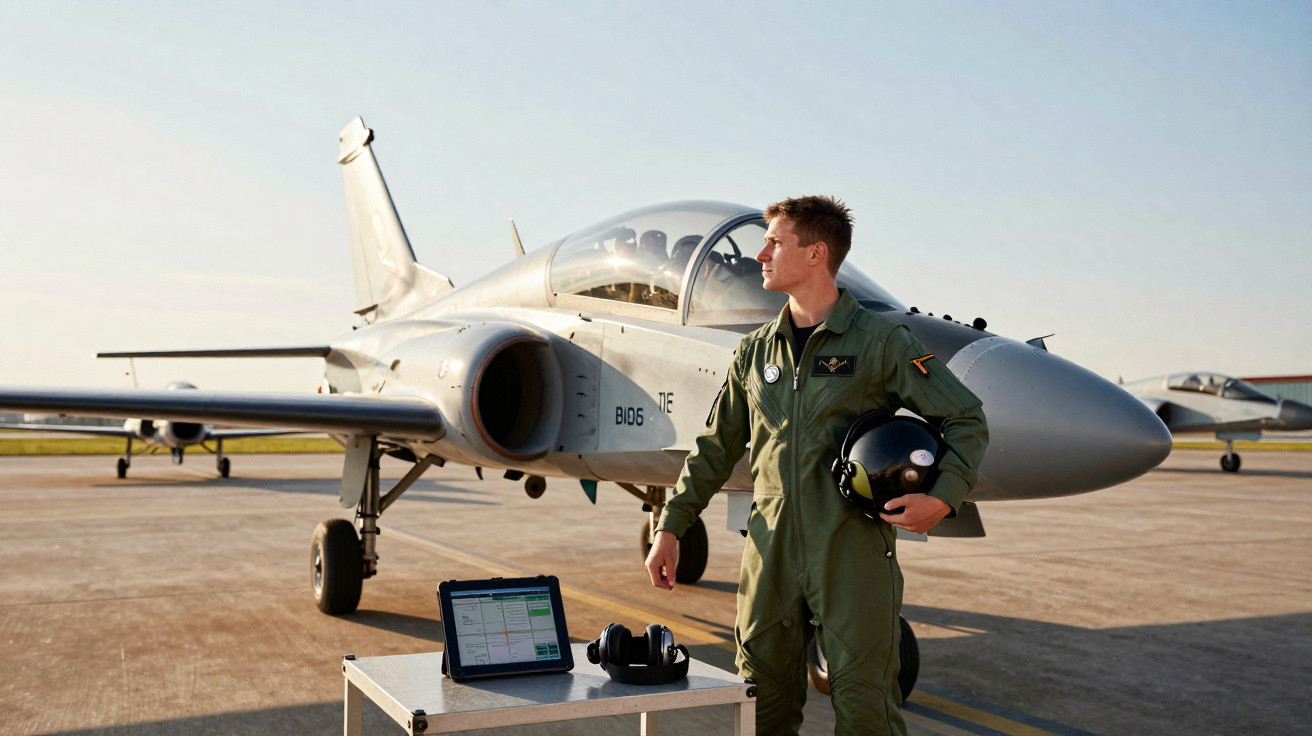 Piloto em uniforme verde com capacete na mão próximo a jato militar prateado em pista de aeroporto ao entardecer.