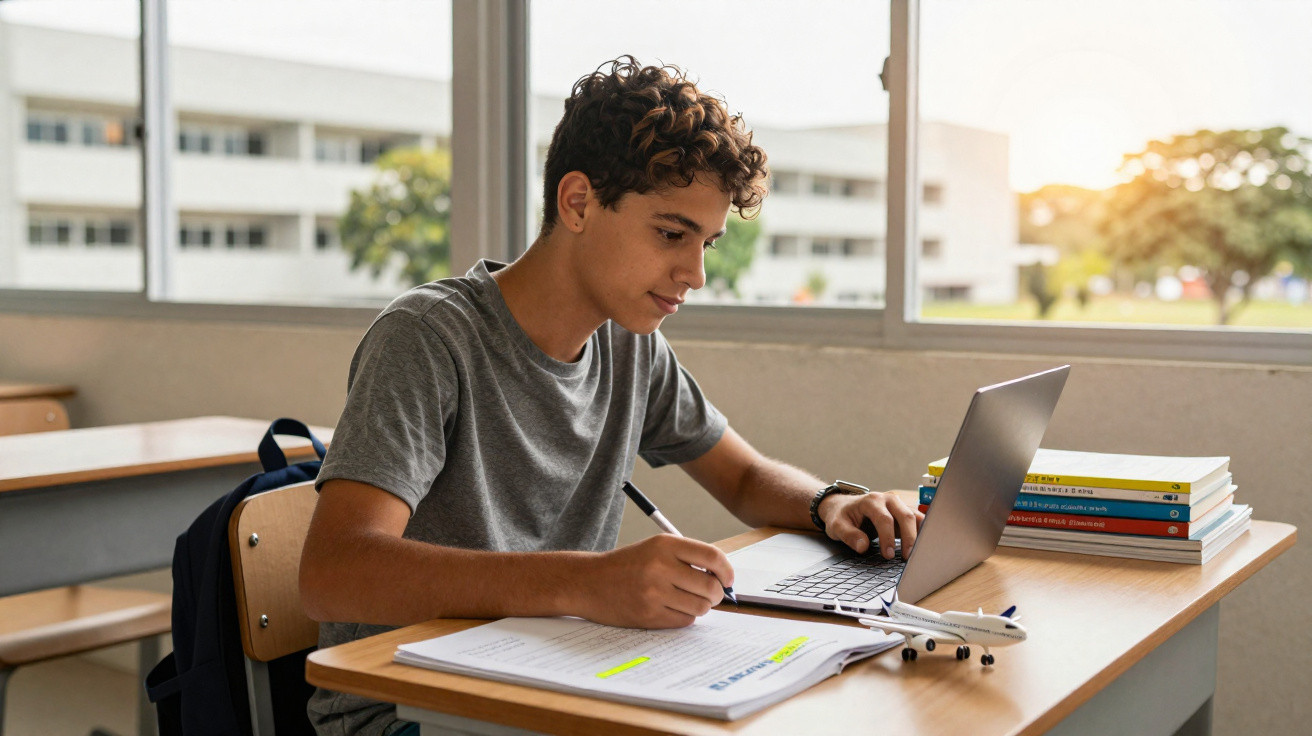 Jovem estudante sentado em sala de aula, estudando com notebook, caderno e livros em mesa próxima à janela.